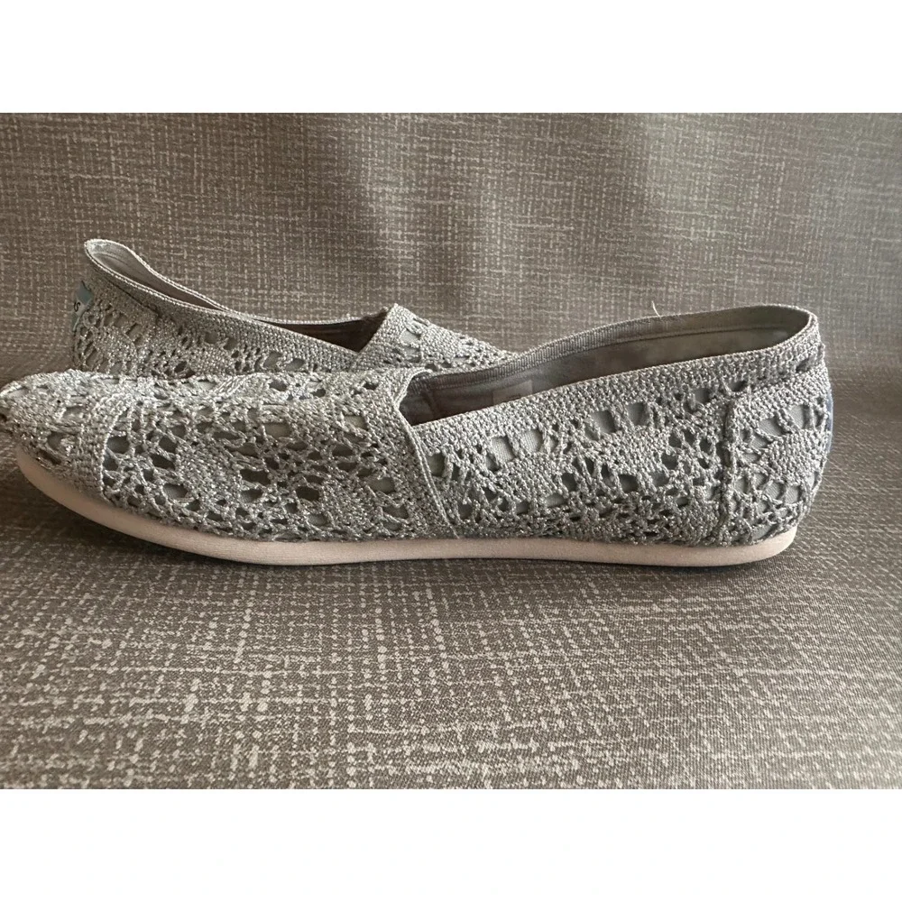 TOMS Silver Metallic Crochet Lace Alpargata Slip On Flats Shoes Womens 10